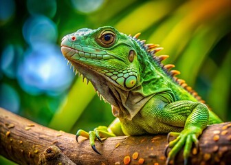 Adorable Baby Green Iguana Close-Up, Miniature World Tilt-Shift Photo