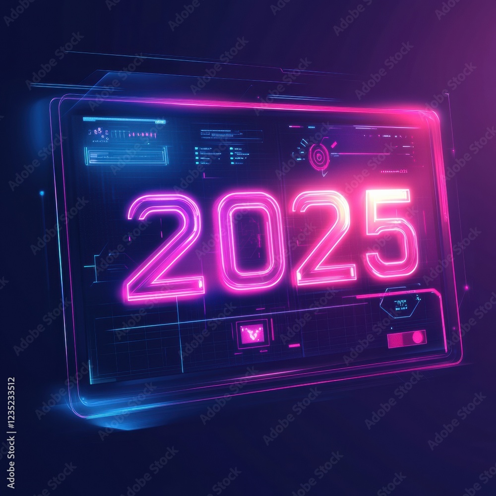 Poster futuristic digital calendar showcasing the year 2025 in vibrant neon colors and a sleek design. gene