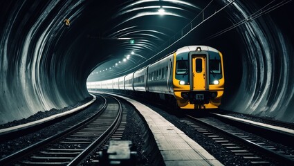 Naklejka premium Train entering tunnel with illuminated tracks and yellow-silver exterior