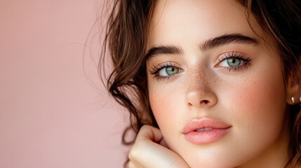 Naklejka premium portrait of a young woman with glowing, healthy skin, minimal makeup, and soft natural lighting, pastel background, beauty 