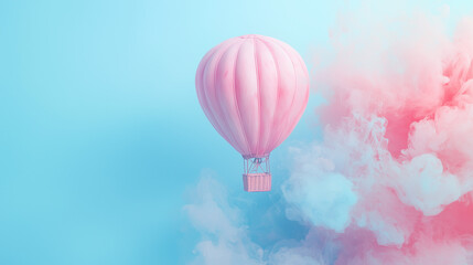 Obraz premium Pink Hot Air Balloon on Light Blue Pastel Background with Ink Splashes