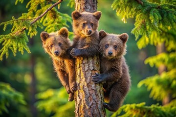 Adorable Brown Bear Cubs Frolic in Majestic Treetops