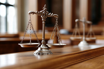 Silver Scales of Justice on Wooden Courtroom Surface