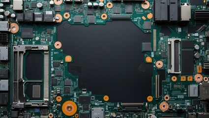 Fototapeta premium Intricate Computer Motherboard Close-Up with Green and Black Components