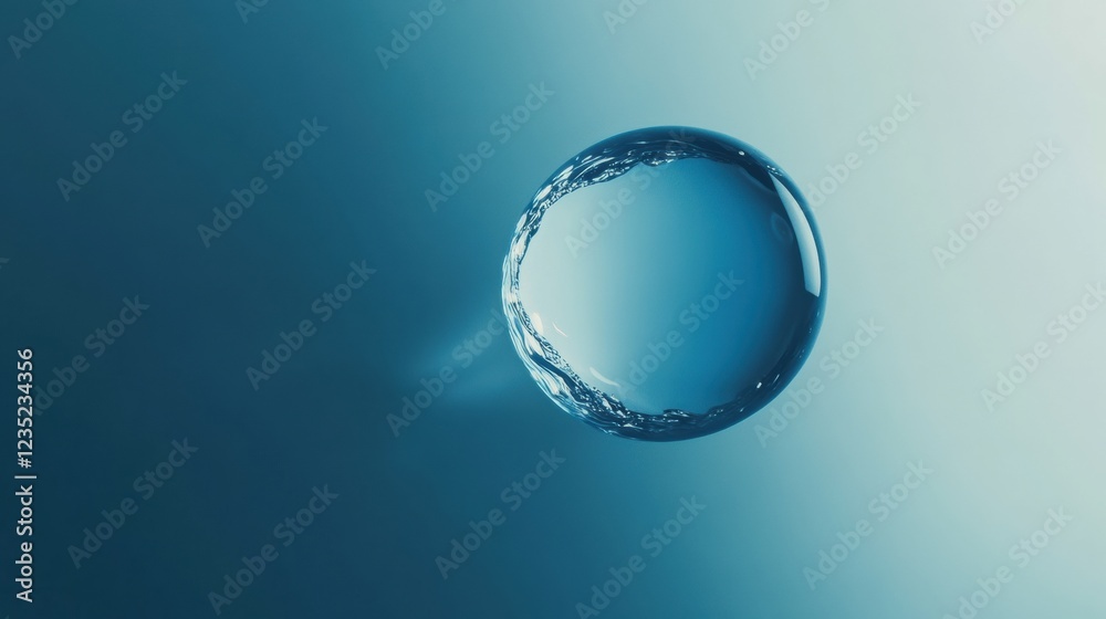 Poster clear water droplet suspended in air reflecting soft blue hues in a tranquil setting. generative ai
