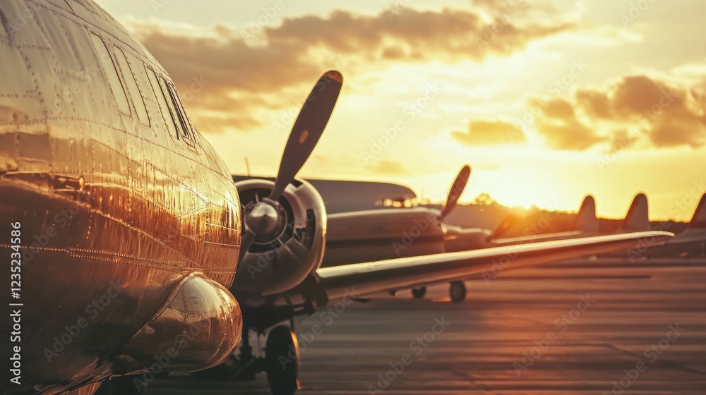 Poster retro airplanes lined up on a vintage airfield at sunset with warm colors filling the sky. generativ