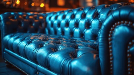 Obraz premium Blue leather chesterfield sofa, bar, night