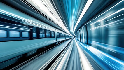 Obraz premium Dynamic train in futuristic tunnel with light streaks - abstract background