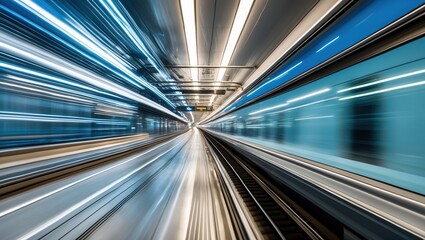 Naklejka premium Dynamic train station motion blur with blue and white lights in urban environment.