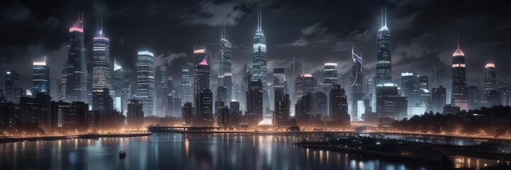 Fototapeta premium Computer screen displaying futuristic cityscape at night, neon, technology