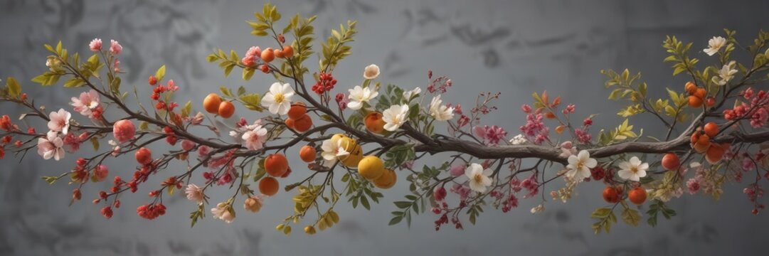 Composition of branches with flowers, leaves, and fruits, arranged in a harmonious balance,  foliage, nature