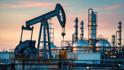 Oil pump jack silhouette at sunset with industrial backdrop.