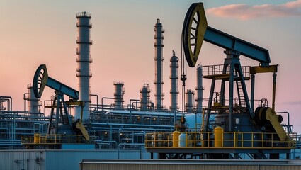 Industrial landscape with oil rig machinery and smokestacks at dusk.