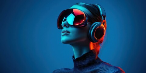 Naklejka premium Futuristic portrait of a woman with headphones and VR goggles, perfect for tech promotions, music events, and digital art projects.