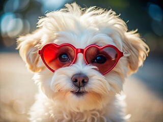 Adorable Maltipoo Puppy in Valentine's Day Heart Sunglasses
