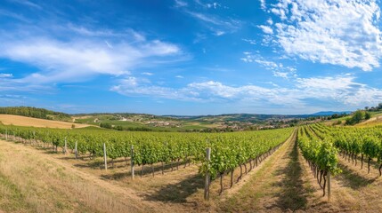 Fototapeta premium A panoramic view of a vineyard during harvest season, Vineyard scene, Winemaking tradition style