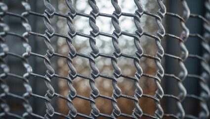 Fototapeta premium Close-up of metallic chain-link fence texture with blurred background and interwoven patterns.