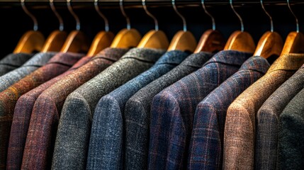 Obraz premium Row of men's blazers on hangers in a clothing store