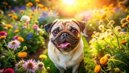 Fototapeta premium Adorable Pug Dog in Sunny Garden, Curious Expression - Drone Aerial View