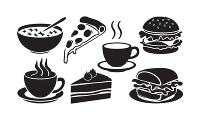 Vector Illustrations of Food Icons - Pizza, Coffee, Cake, Burger, Soup, and More"