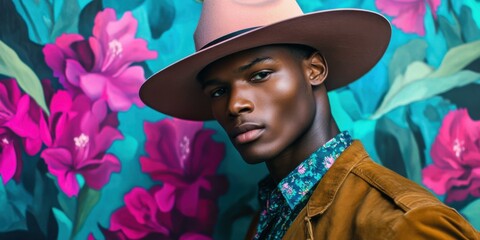 Stylish portrait of a man against a vibrant floral background, ideal for fashion, lifestyle, and artistic projects.
