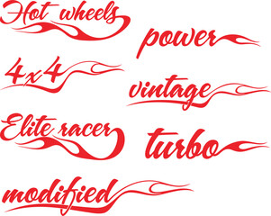 Vector word flame designs set for racing and hot rod vehicle vinyl decals. Ready-to-cut decorative graphics, great for sport cars, ATVs, off-road vehicles, trucks, motors and bikes.	