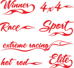 Vector word flame designs set for racing and hot rod vehicle vinyl decals. Ready-to-cut decorative graphics, great for sport cars, ATVs, off-road vehicles, trucks, motors and bikes.	