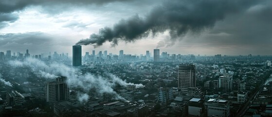 Dark cityscape with smoke pollution.