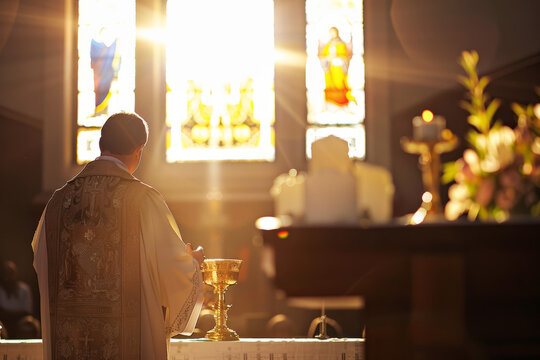 Priest Holding Golden Chalice at Altar. Symbol of Worship, Faith, and Eucharistic Celebration