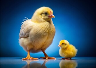 Adorable Yellow Chick & Hen Close-Up - Isolated Blue Background - Drone Photography Style