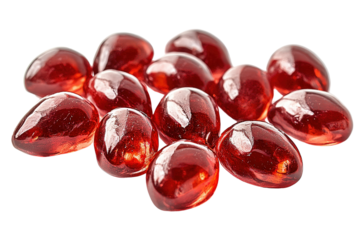  Shiny red glass gemstones arranged in a scattered formation, reflecting light beautifully, symbolizing luxury, wealth, and decorative elegance in a jewelry-like composition.