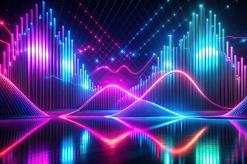 Naklejka premium 3D Render Abstract Pink Blue Wavy Lines Neon Light Impulse Equalizer
