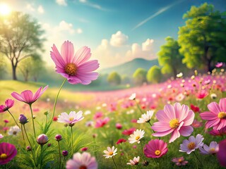 Obraz premium 3D Spring Meadow Pink Flowers Tilt-Shift Photography