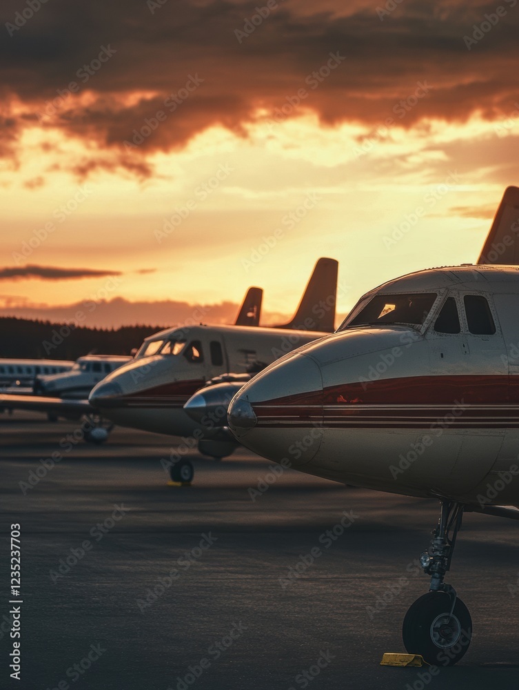 Poster retro airplanes lined up in the warm glow of sunset at a vintage airfield on a tranquil evening. gen