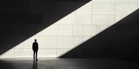 A solitary figure stands in stark contrast to bold shadows.