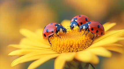 Three ladybugs are eating on a yellow flower