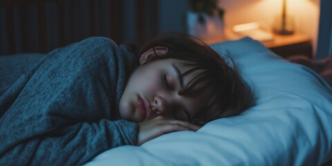 A young girl peacefully slumbers under a soft blanket, radiating innocence and peace.
