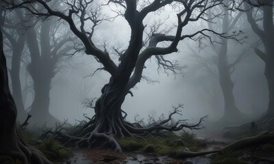 Dark leafy foliage with eerie mist and twisted tree branches,  eerie atmosphere,  dark