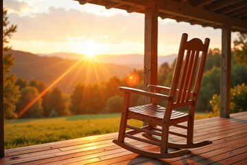 Rustic wooden rocking chair on a porch overlooking serene rolling hills at sunset, representing relaxation and tranquility.