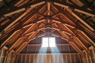 Intricate timber beams of a barn ceiling illuminated by diffused afternoon sunlight, showcasing architectural beauty and rustic charm.