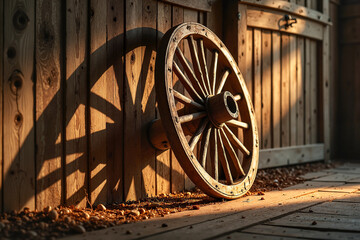 Obraz premium Antique wagon wheel casting shadows against a rustic barn wall in late evening light, symbolism of the journey of the past.
