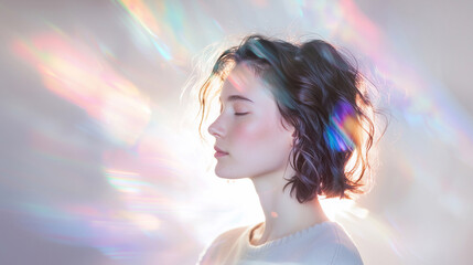 A soft, ethereal portrait of a young person illuminated by rainbow light. The dreamy glow and pastel hues evoke emotions of serenity, mystery, and spiritual energy. Generative AI.