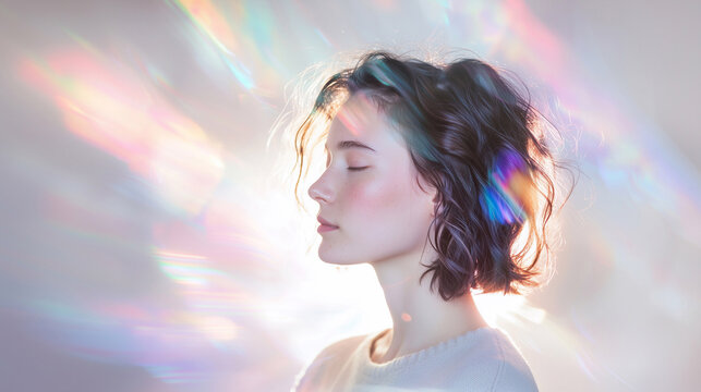 A soft, ethereal portrait of a young person illuminated by rainbow light. The dreamy glow and pastel hues evoke emotions of serenity, mystery, and spiritual energy. Generative AI.