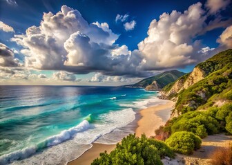 Aerial Panorama of Kathisma Beach, Lefkada Island, Greece with Blue Waters and Lush Green Landscapes
