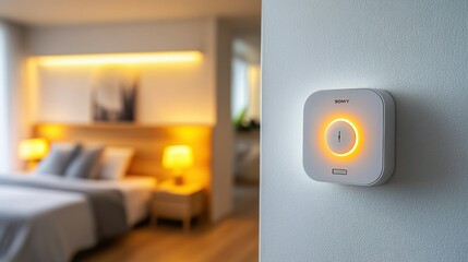 Smart light switch in modern bedroom with warm ambient lighting