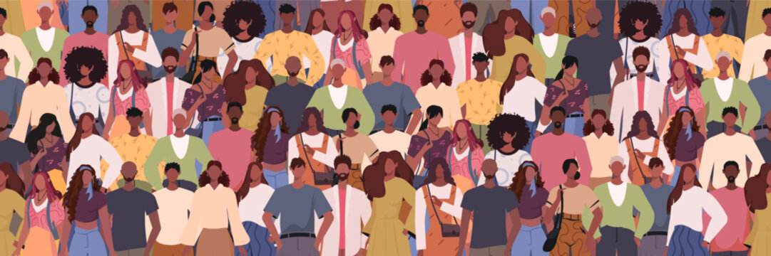  Seamless background with black men and black women. Diverse group of stylish people standing together. Pattern with people Crowd. Vector illustration. Not AI generated