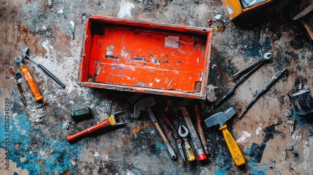 Aufkleber scattered tools and rusty red toolbox on a dirty floor