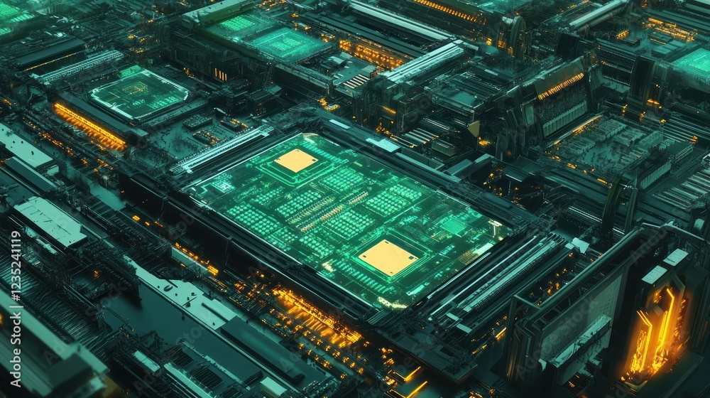 Poster futuristic cityscape resembling advanced microchip technology