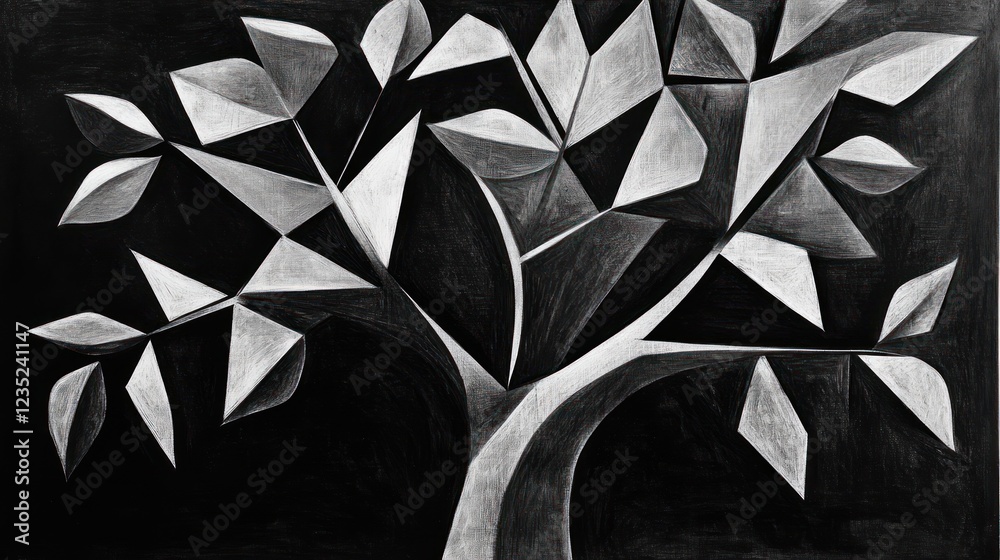 Poster abstract monochromatic tree form with geometric leaves