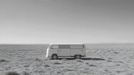 A white van is parked in a desert